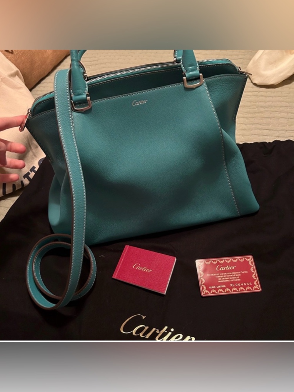 C de Cartier Teal Leather Shoulder Bag with Detachable Strap